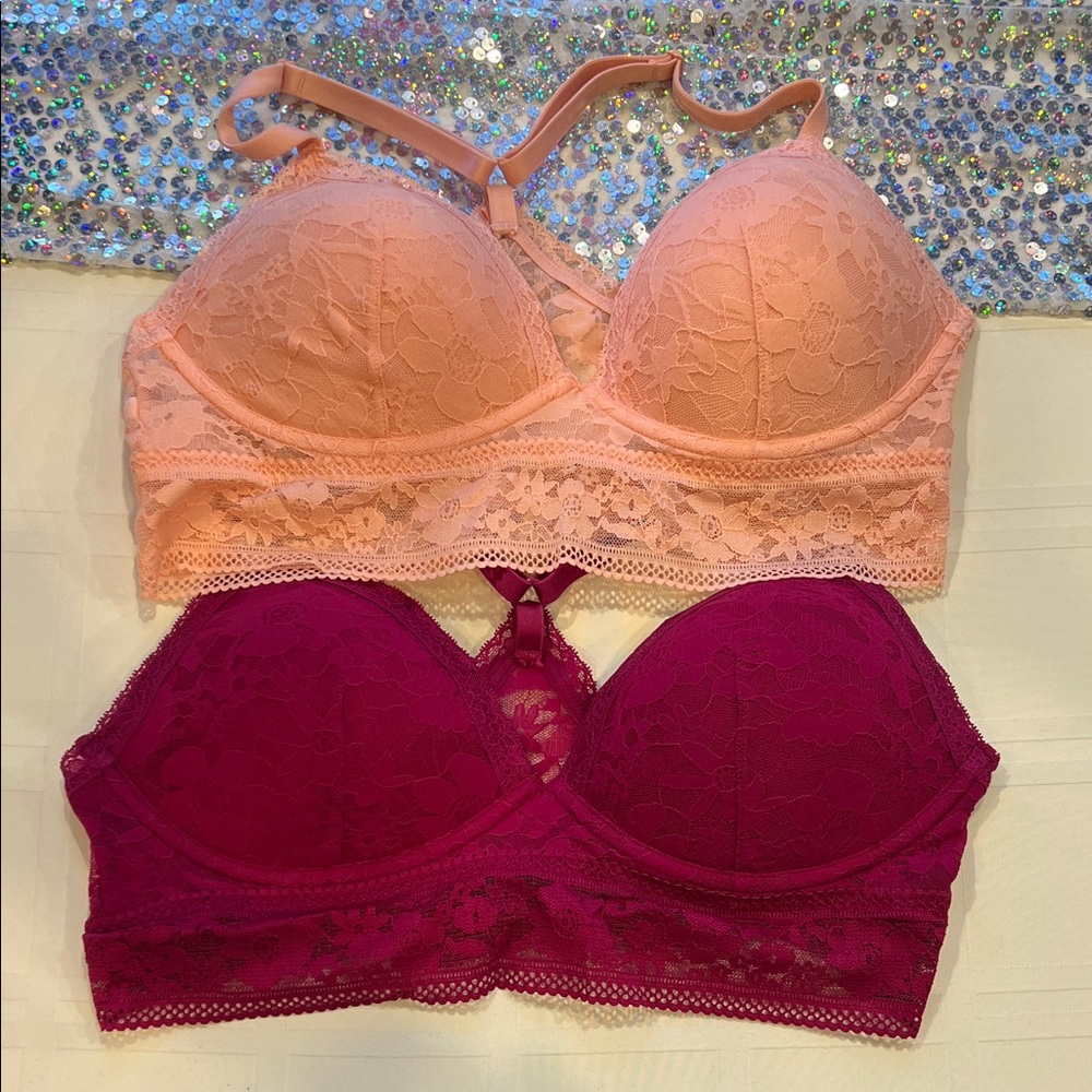 Victoria's Secret Lace Bralette Duo - Peach and Magenta - Size Large